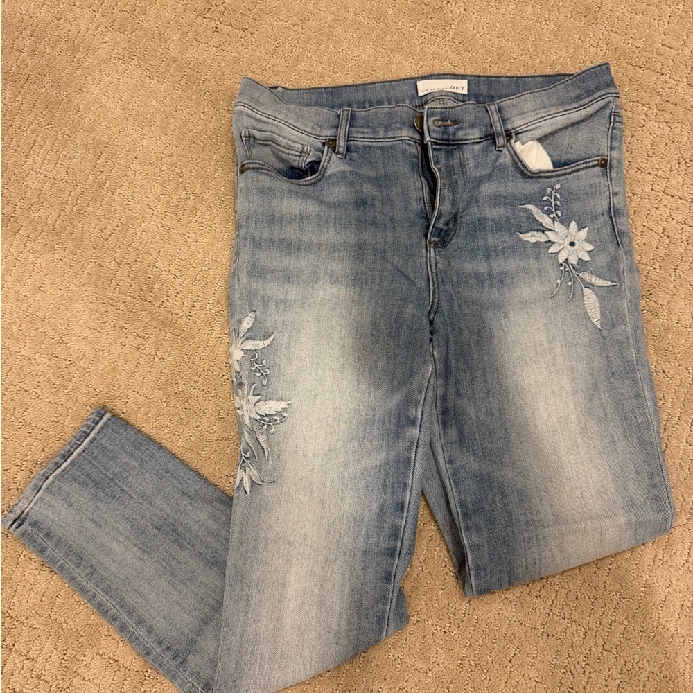 LOFT Light Blue Floral Embroidered Skinny Jeans